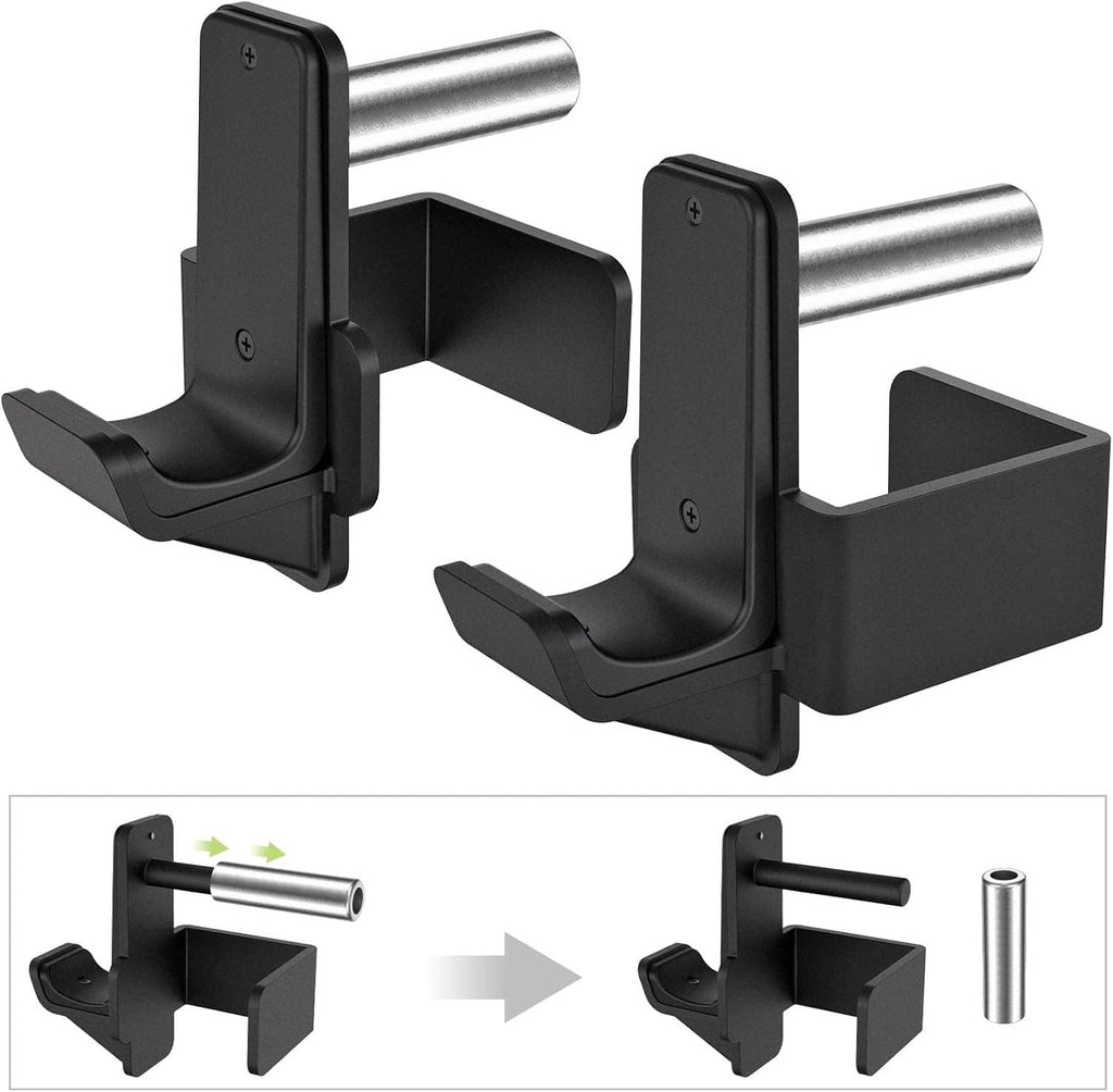 Black power rack J-hooks, two-piece reinforced steel supports with side bar cradles
