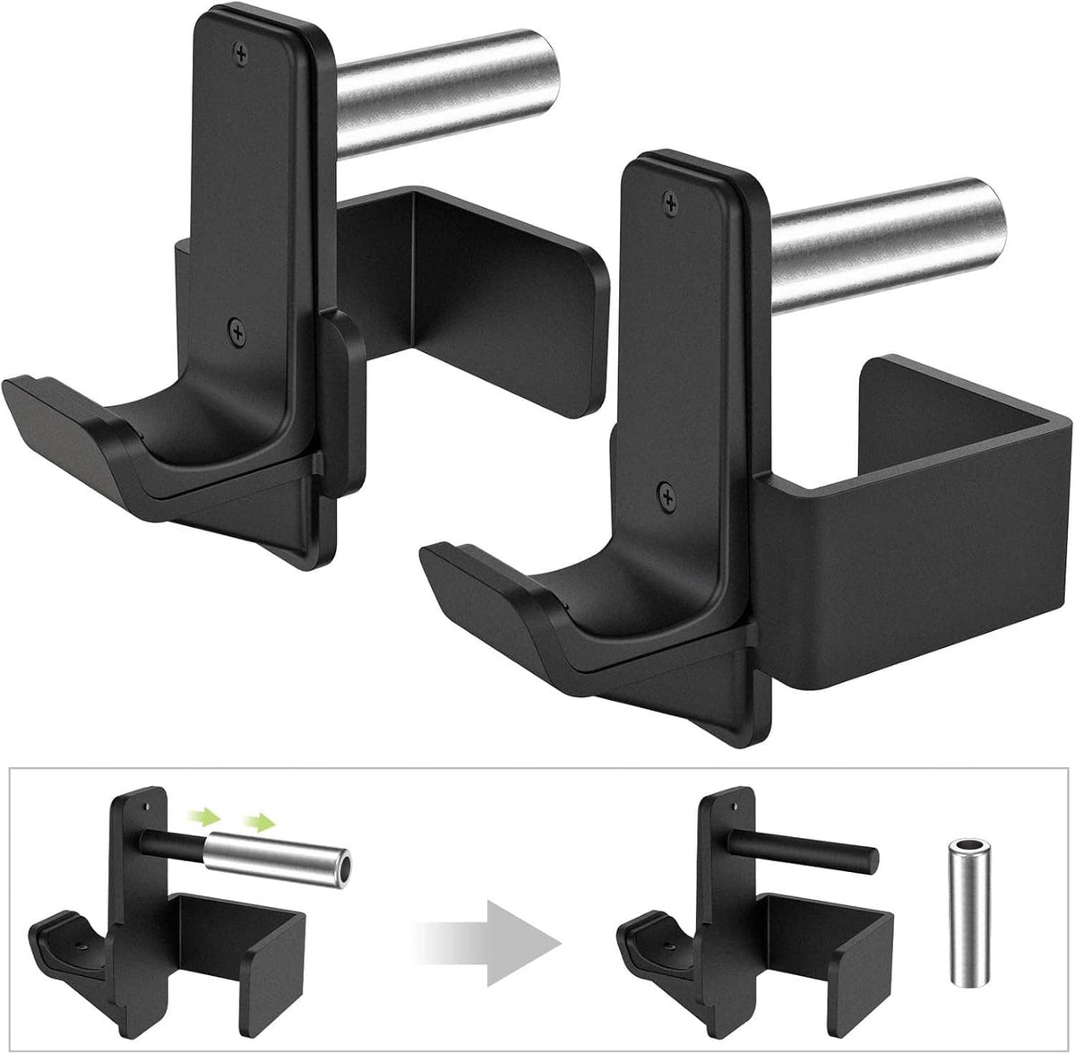 Black power rack J-hooks, two-piece reinforced steel supports with side bar cradles
