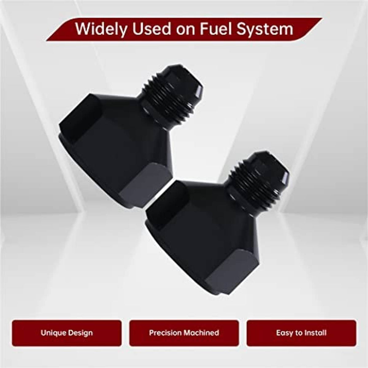Black AN flare reducer adapter with two threaded ports and angular hex body