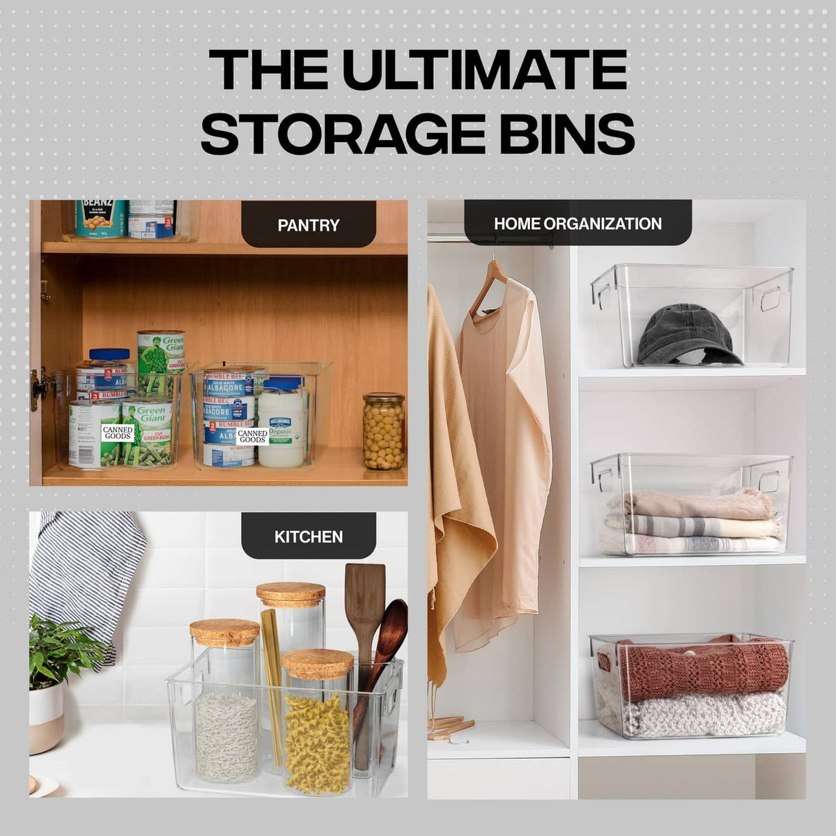 Clear plastic storage bins shown in pantry, kitchen, and closet organization scenes
