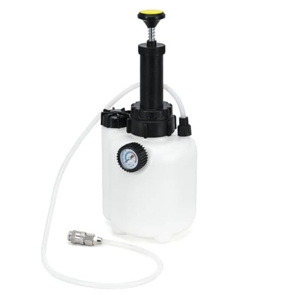 Manual brake fluid vacuum bleeder kit with white bottle, black pump, and hose