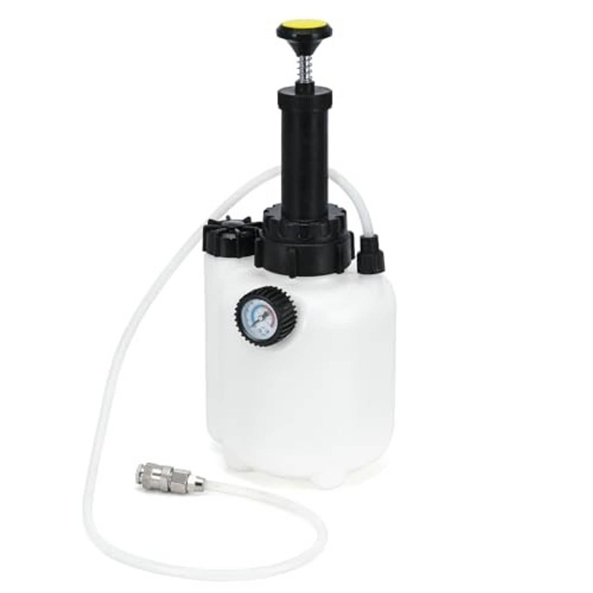 Manual brake fluid vacuum bleeder kit with white bottle, black pump, and hose