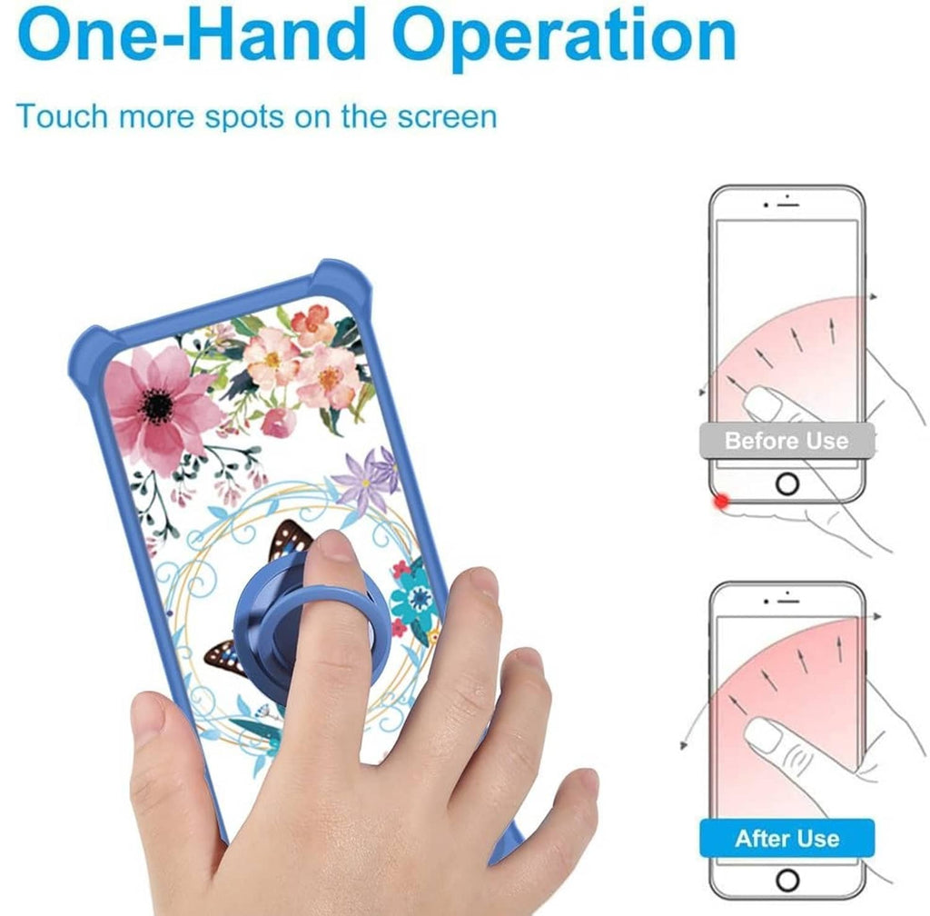Blue floral phone case with finger ring kickstand for one-hand operation