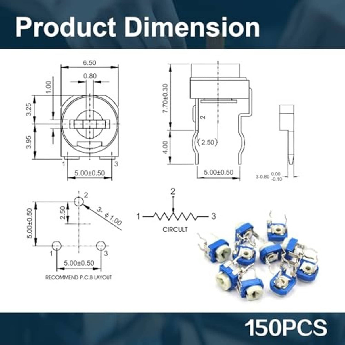 Potentiometer assortment kit with compact blue potentiometers and side view measurement diagrams