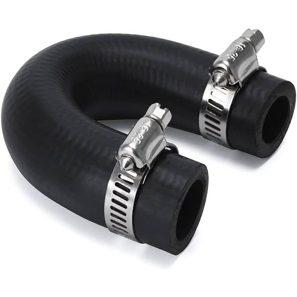 Black heater core bypass coolant hose crossover with two silver metal clamps