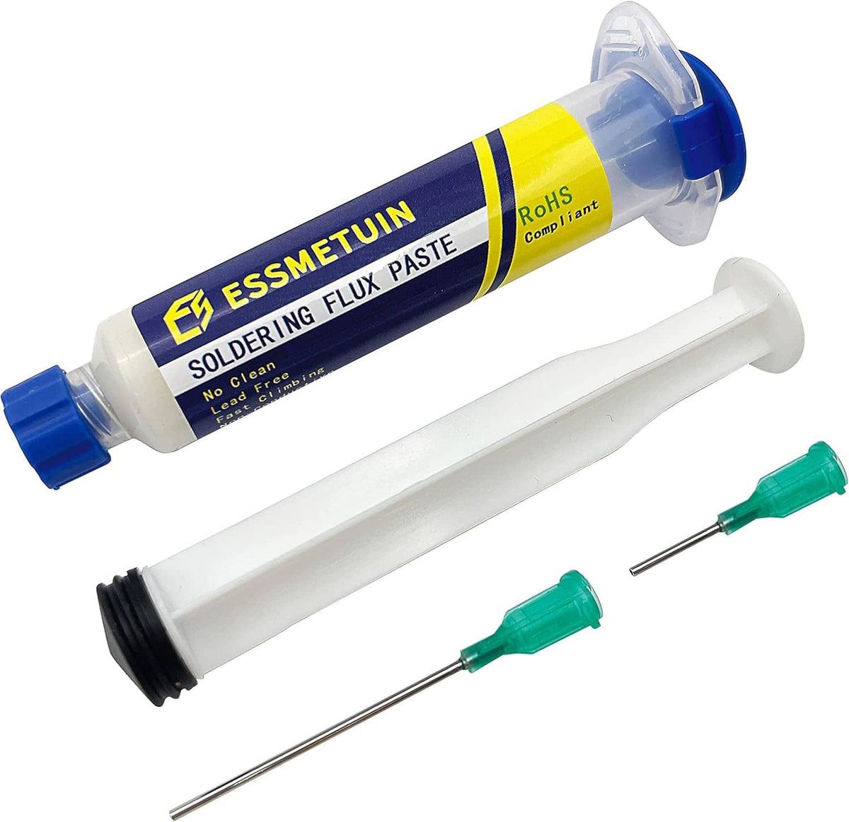 Soldering flux paste syringe with yellow label band and green dispensing needle