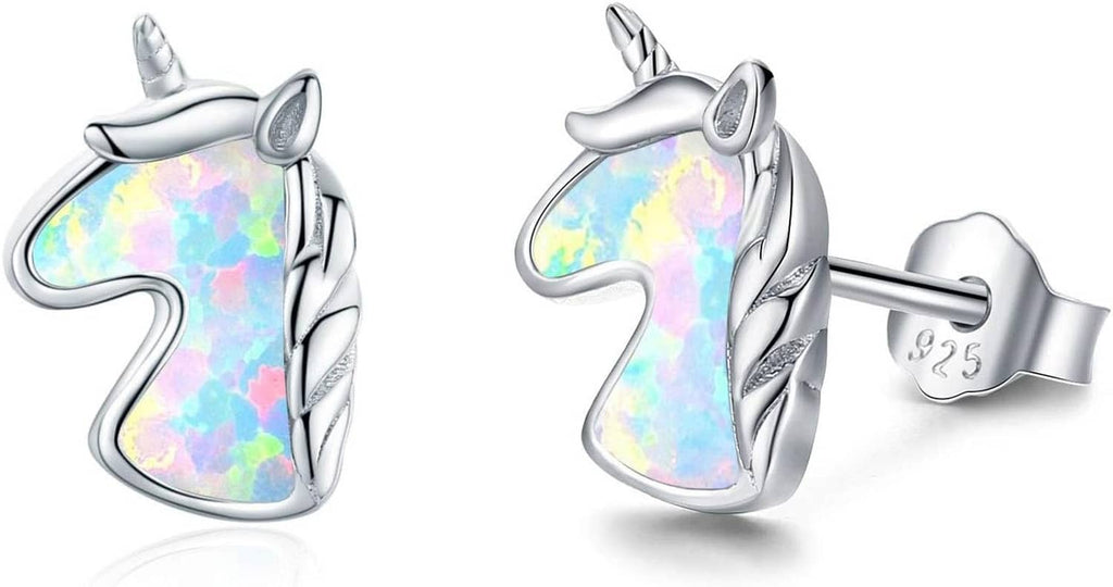 Sterling silver unicorn stud earrings with iridescent opal-colored inlay, pair