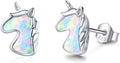 Sterling silver unicorn stud earrings with iridescent opal-colored inlay, pair