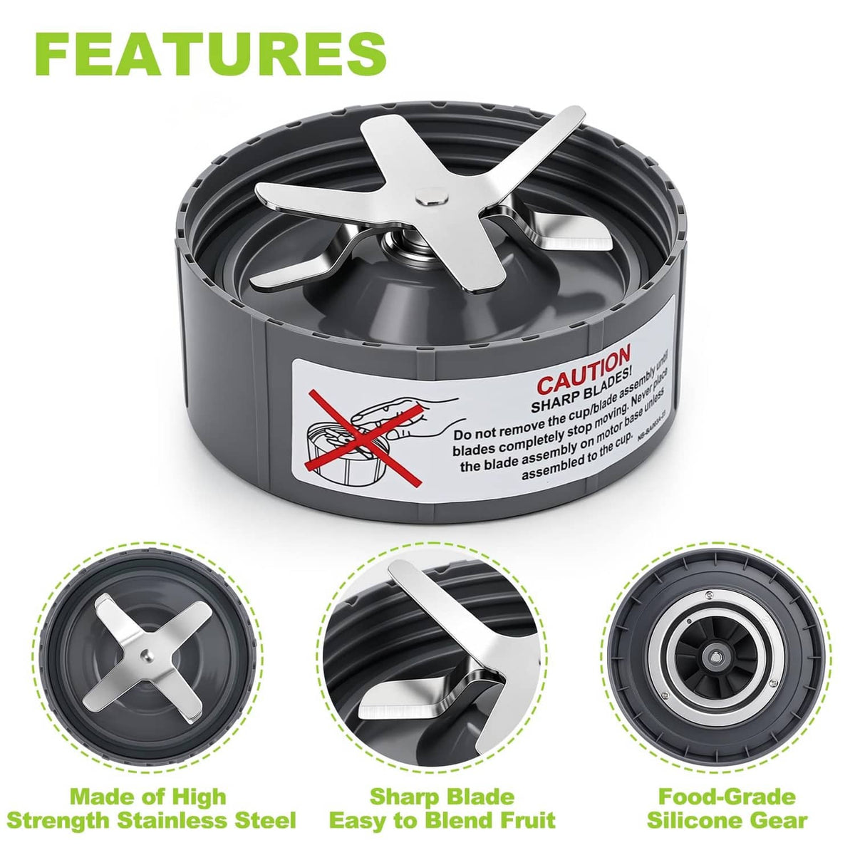 Blender extractor blade with stainless fins and central screw on round black housing