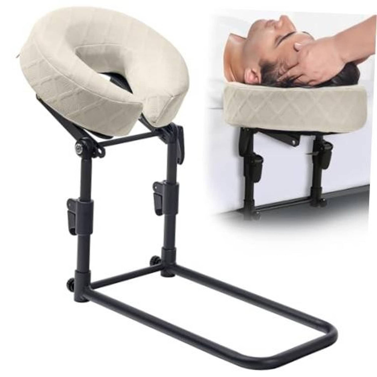 Adjustable bed massage headrest with light beige cushioned pillow and black stand