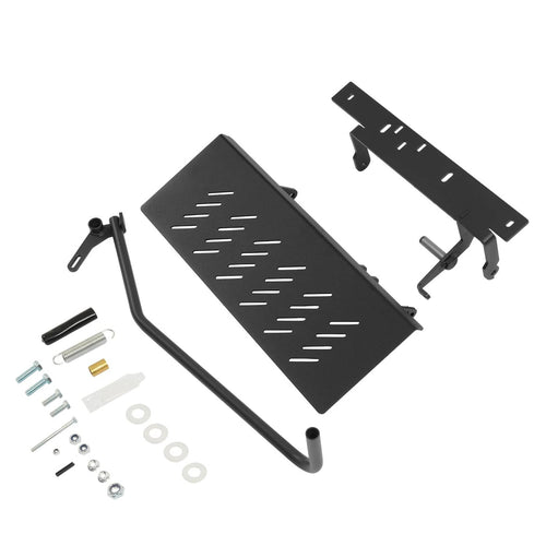 Black metal chute blocker plate with mounting bracket and hardware kit contents