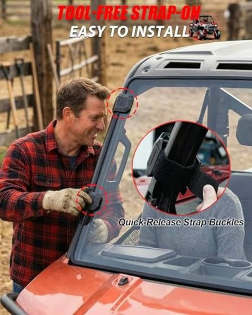 UTV windshield with strap-on mounting and quick-release buckles, dark frame and clear panel