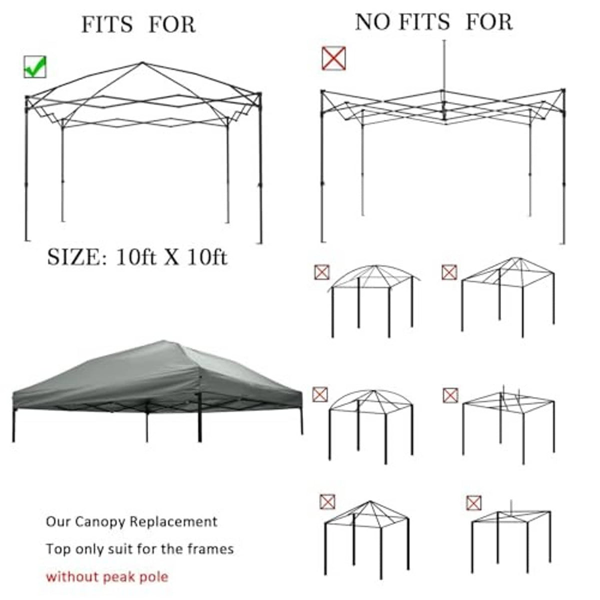 Gray canopy replacement top with corner leg openings and peak-pole-free design