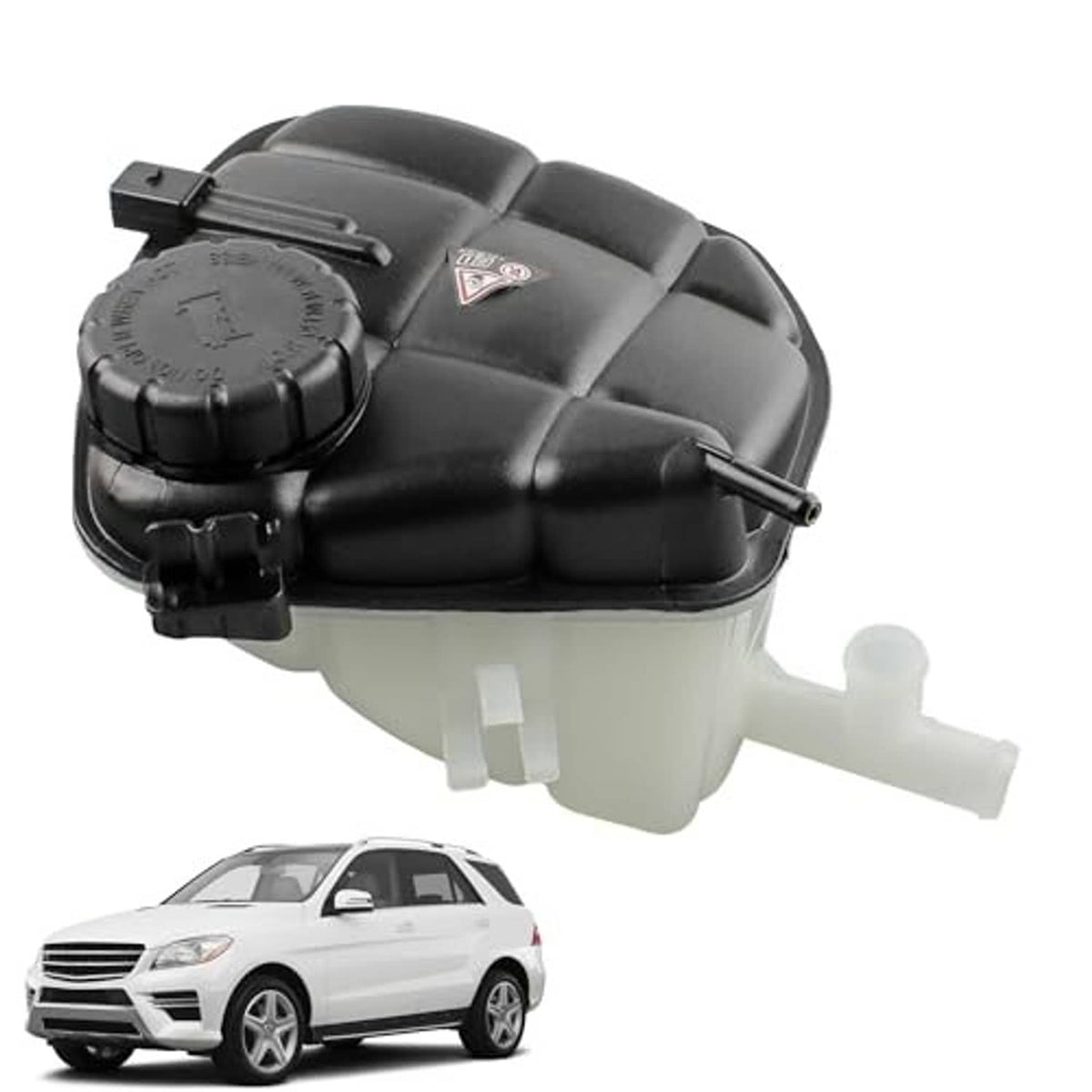 Engine radiator coolant overflow reservoir tank with sensor and side outlet