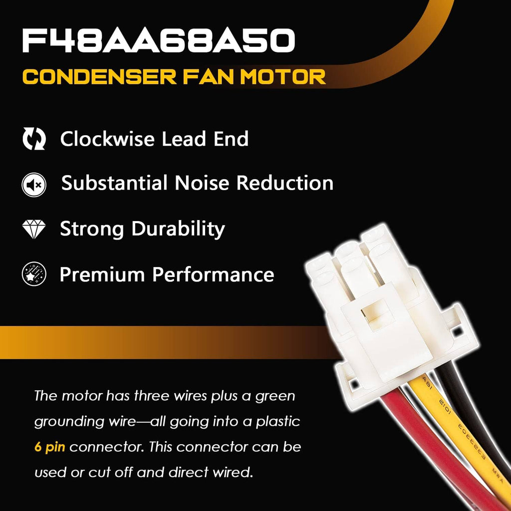 Condenser fan motor with wire plug connector on color-coded cable leads