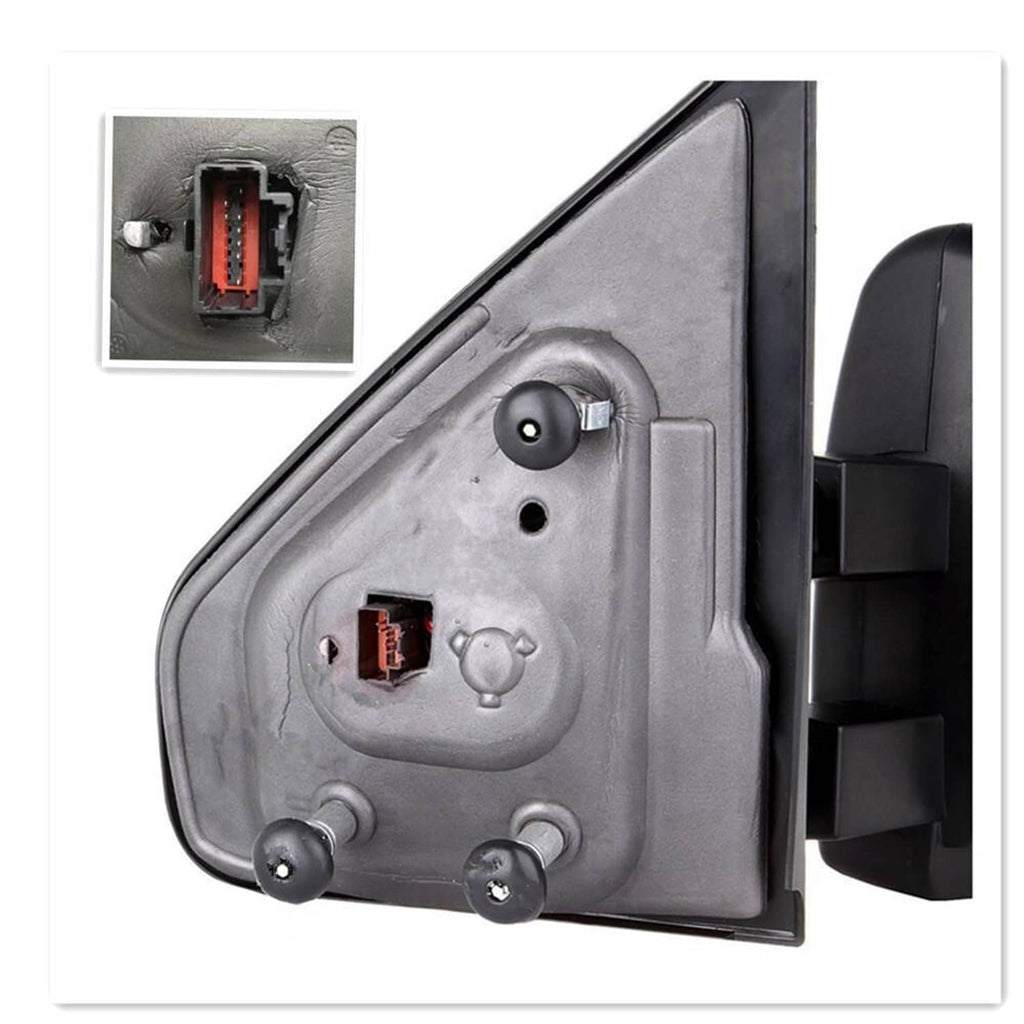 Tow mirror rear connector panel for power heated telescoping mirror
