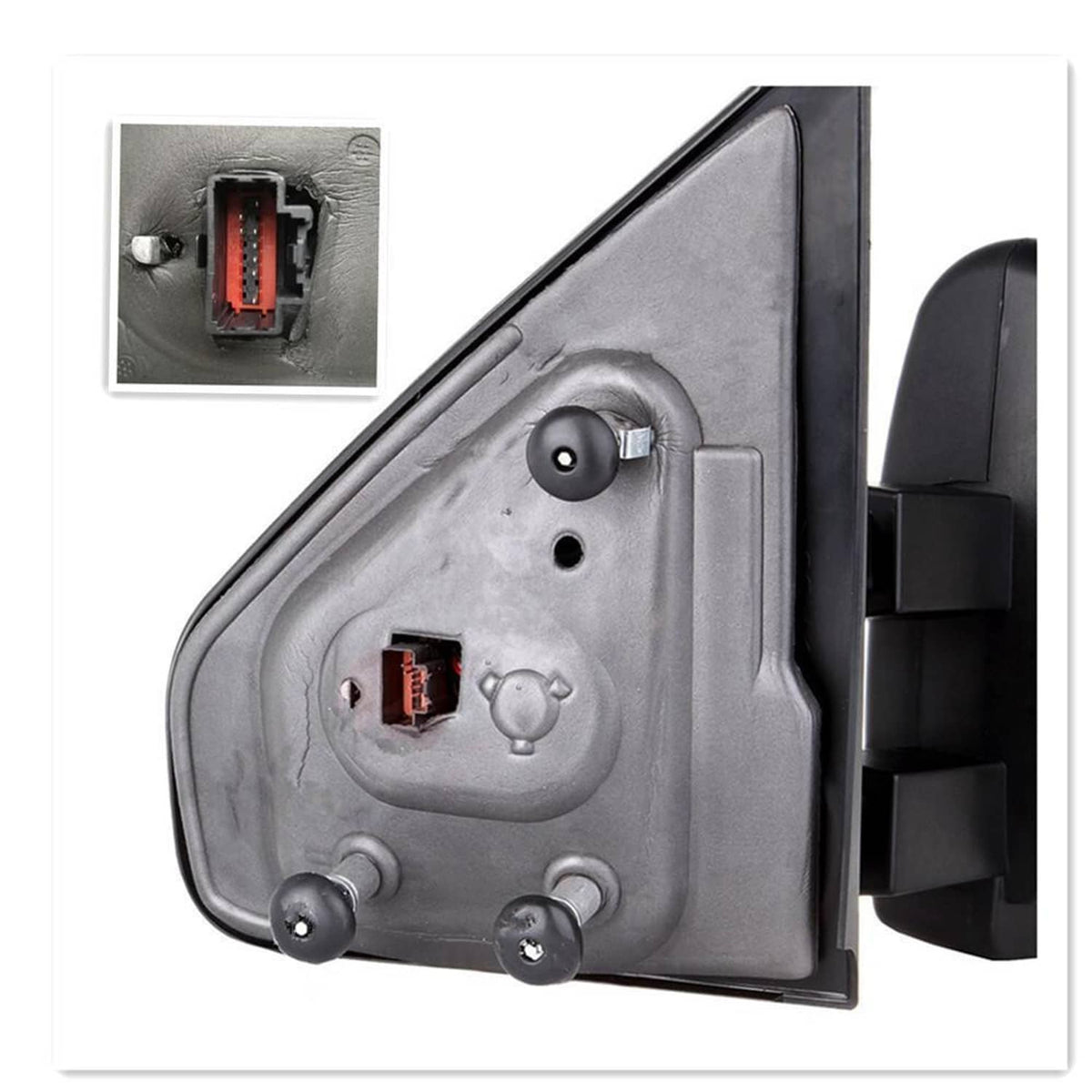 Tow mirror rear connector panel for power heated telescoping mirror