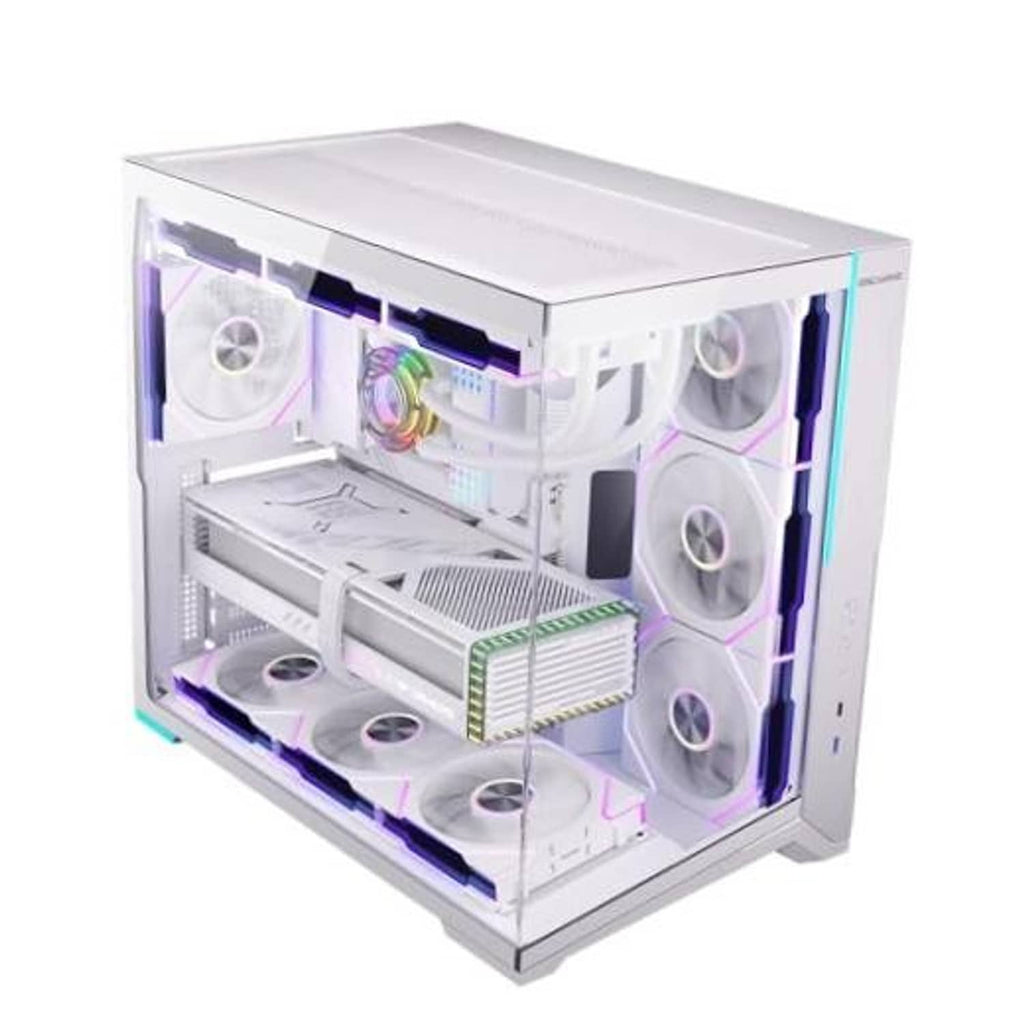 White mid-tower PC case with tempered glass front and RGB cooling fans installed