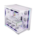 White mid-tower PC case with tempered glass front and RGB cooling fans installed