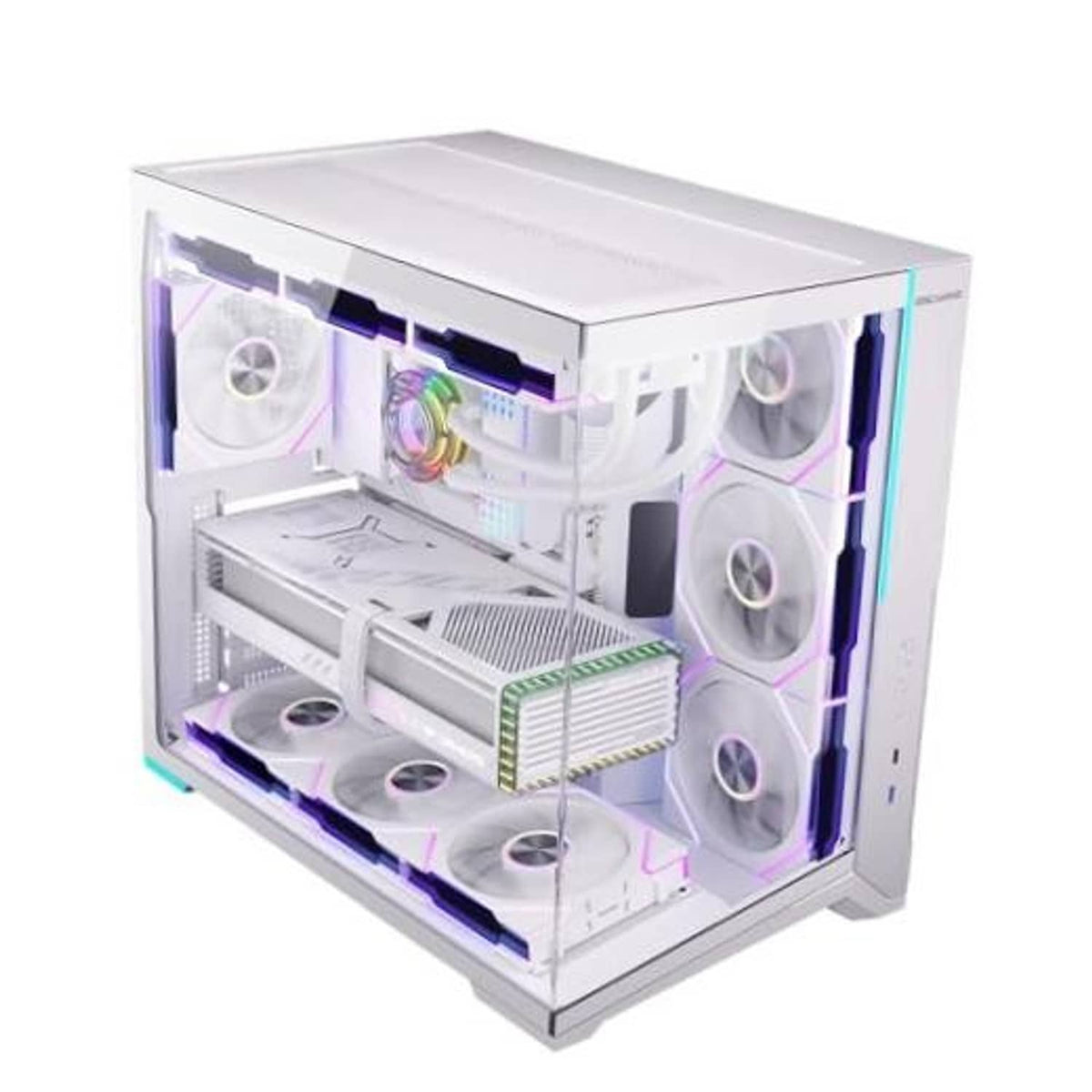 White mid-tower PC case with tempered glass front and RGB cooling fans installed