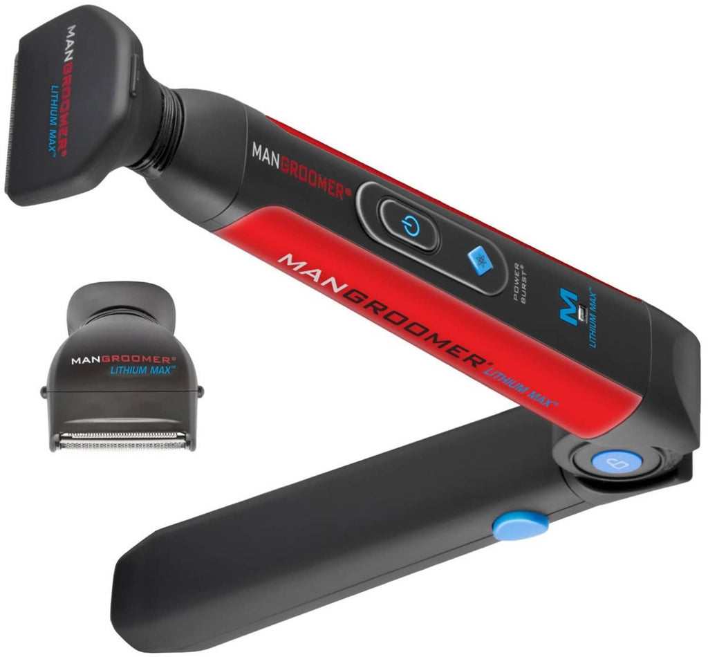 Back hair shaver with blue controls and red stripe, shown with replacement head
