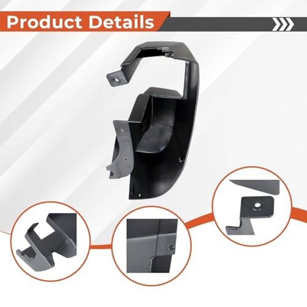 Rear left bumper side end cap cover, black plastic with mounting holes and attachment tabs