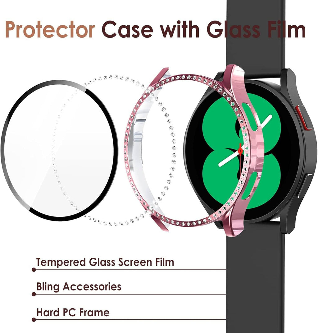 Watch screen protector case with clear tempered glass film and rhinestone bezel