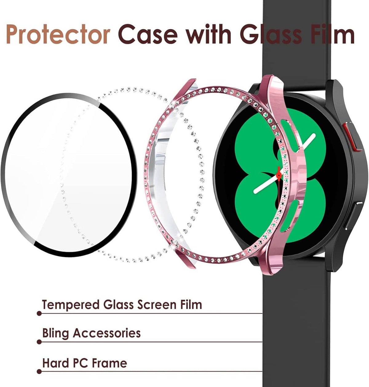 Watch screen protector case with clear tempered glass film and rhinestone bezel