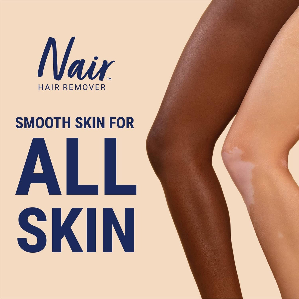 Hair remover face cream promo graphic showing smooth skin for all skin