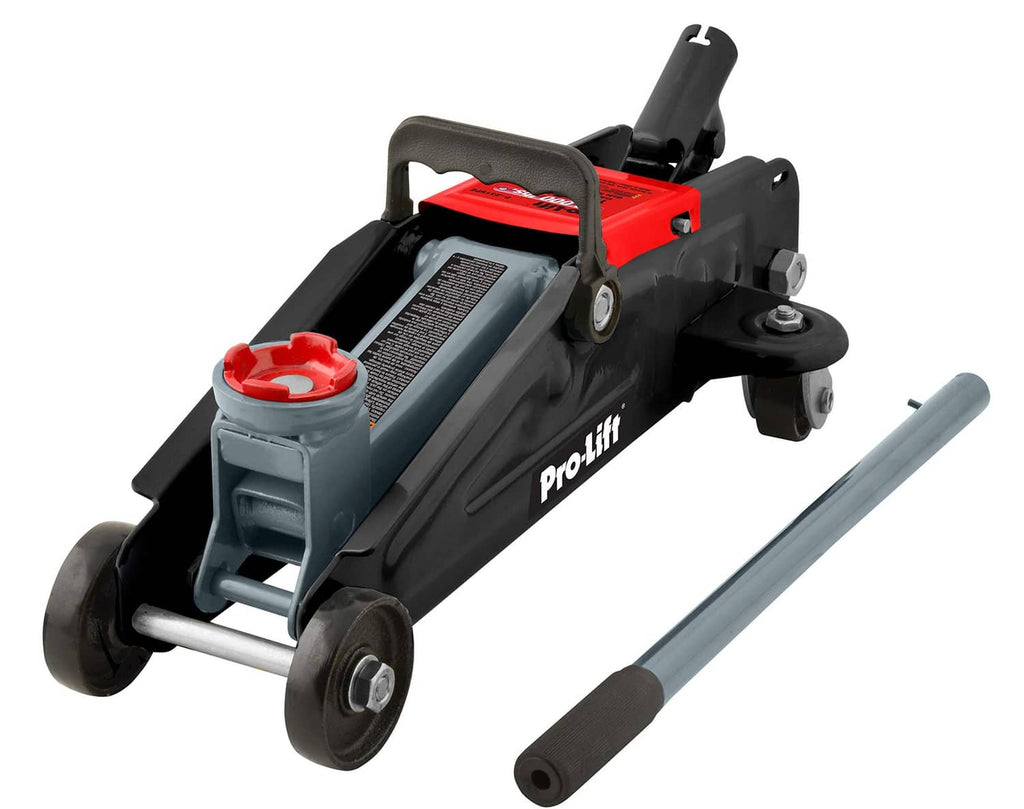 Hydraulic trolley jack with black frame, red lift pad, and gray pump cylinder