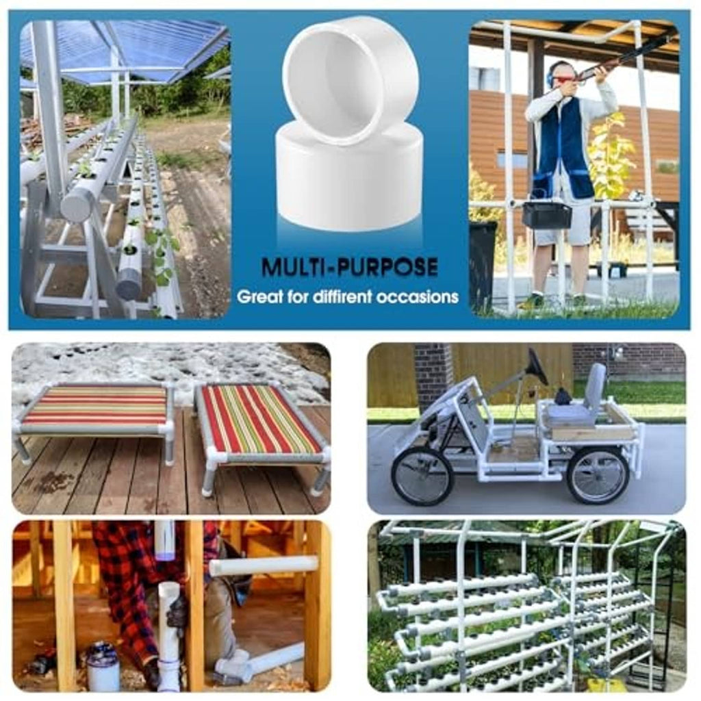 White PVC pipe end caps for multi-use projects, shown on pipe sections