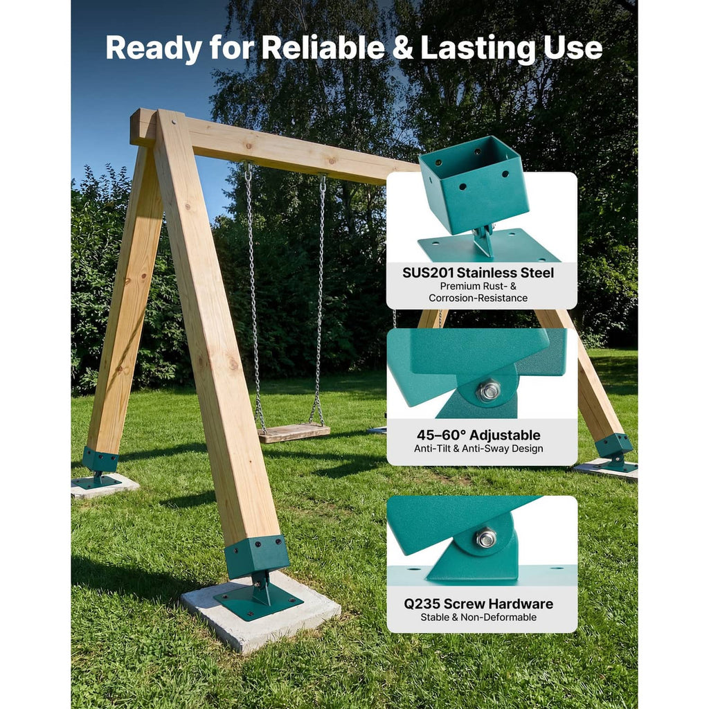 Teal stainless swing set bracket base with adjustable leveling design for ground installation