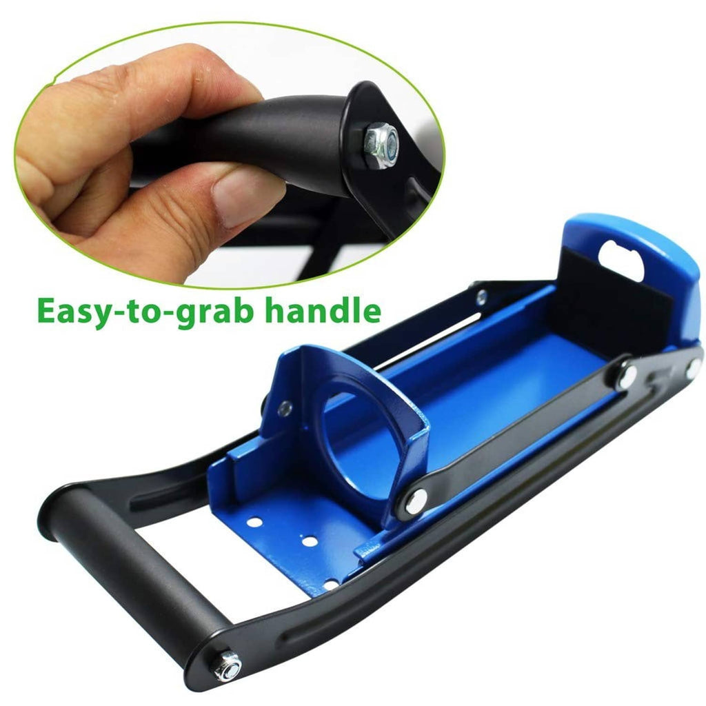 Wall-mounted can crusher with easy-grip black handle and blue metal body