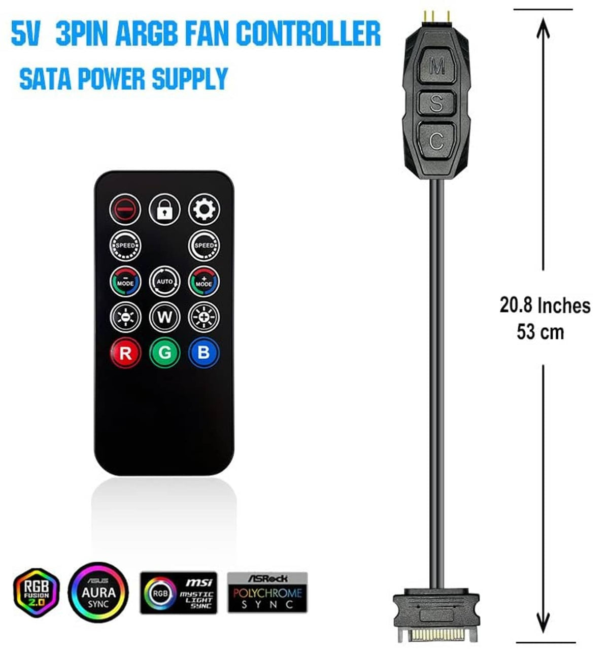 ARGB 3-pin fan controller kit with remote, cables, and SATA power connector