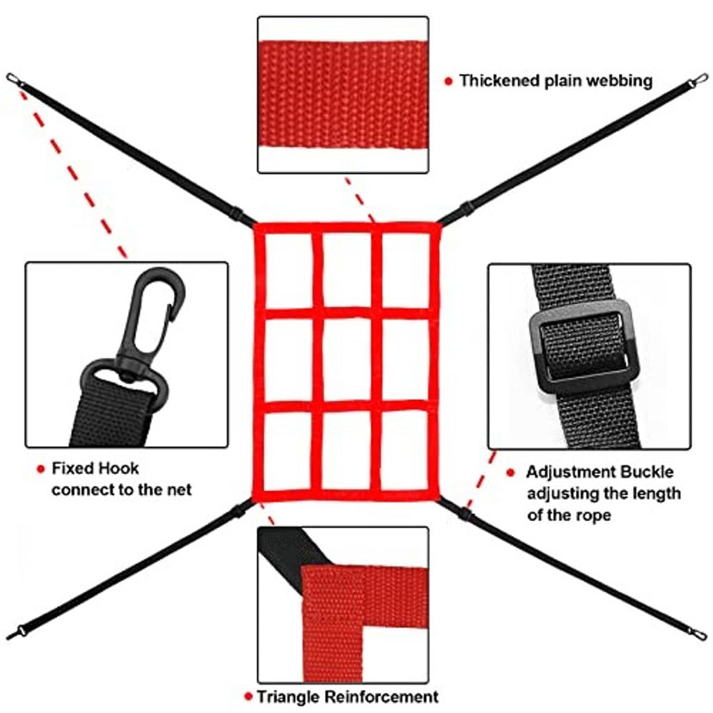 Red strike zone net target with reinforced webbing straps and attachment hooks