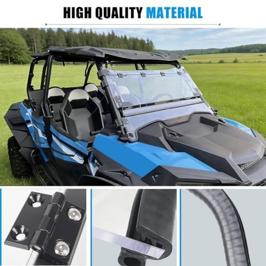 High-clarity windshield installed on a blue and gray UTV with metal mounting hardware