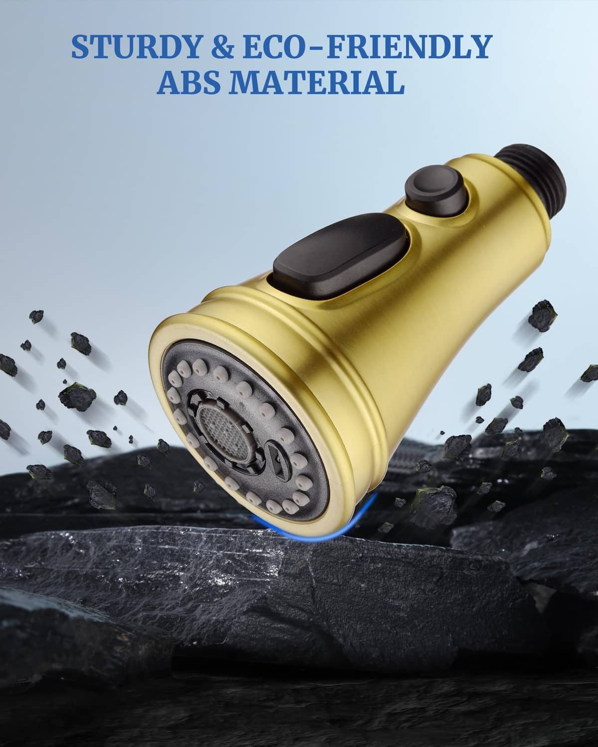 Brushed gold sprayer head with dual black buttons and multi-hole nozzle face