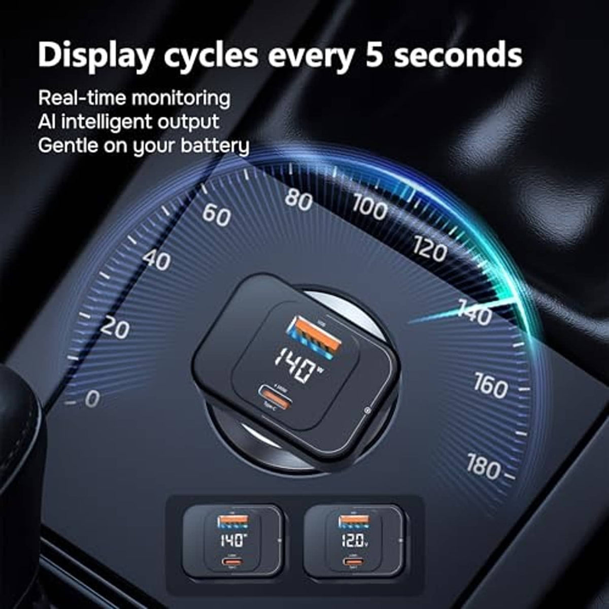 Black car charger with LED voltage display and two USB charging ports