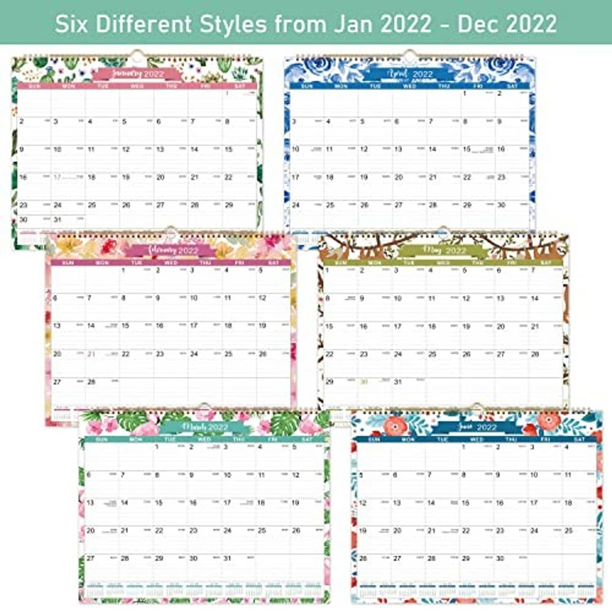 Six-page wall calendar set with different cactus floral themes across Jan–Dec 2022