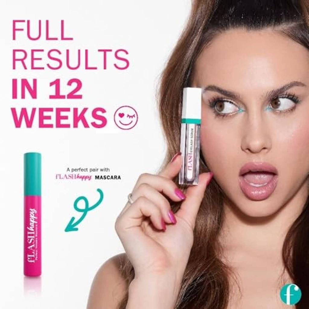 Woman holding flash eyelash serum applicator near eye, long lashes