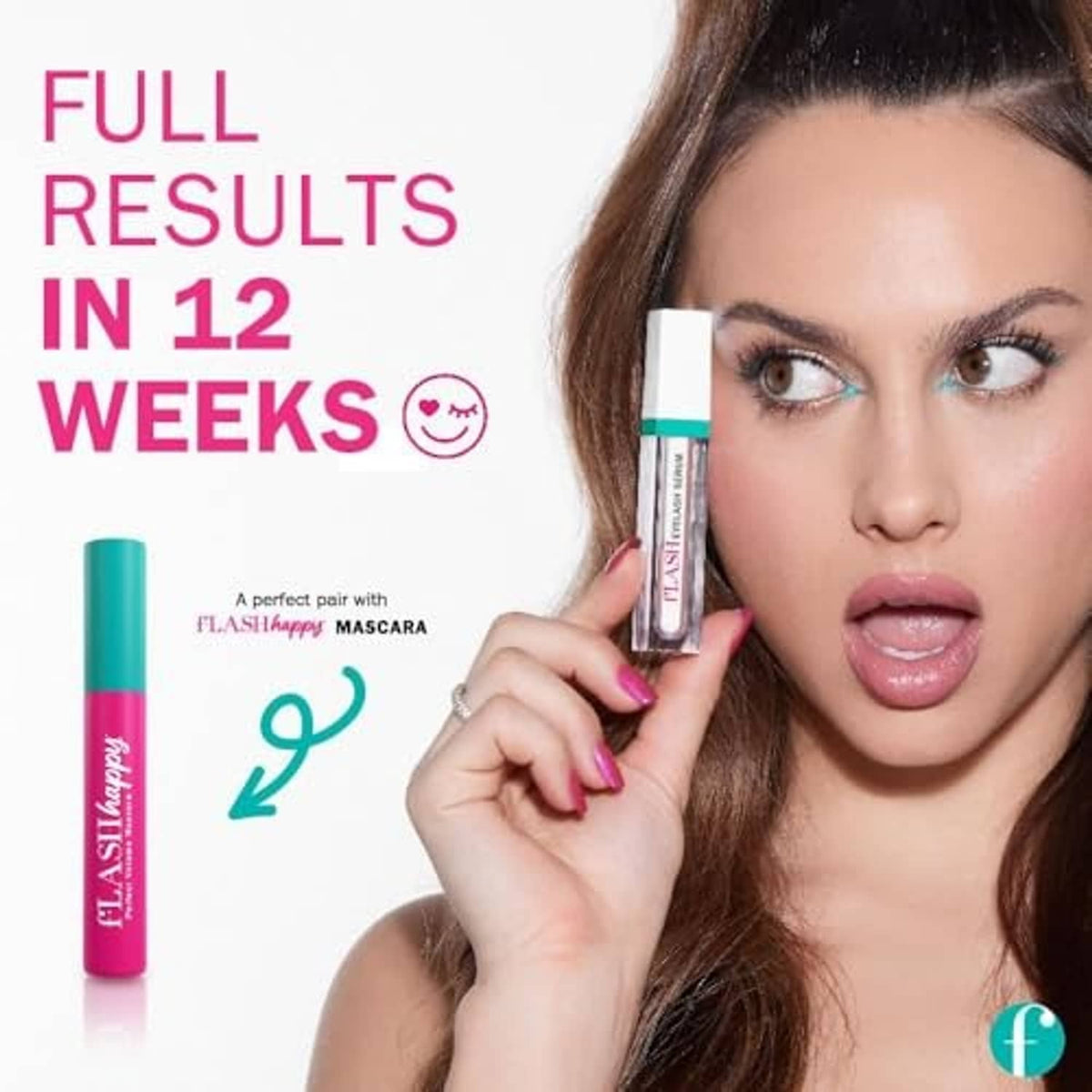 Woman holding flash eyelash serum applicator near eye, long lashes
