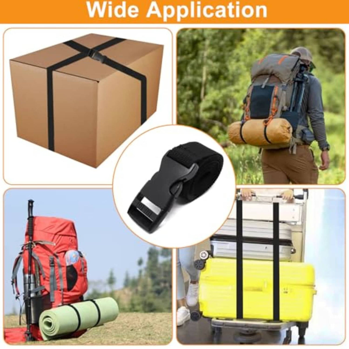 Black nylon tie-down straps with buckles, shown fastening boxes and backpacks