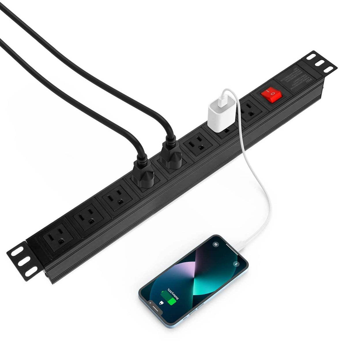 Rack-mount PDU power strip with 8 outlets and white plug connected
