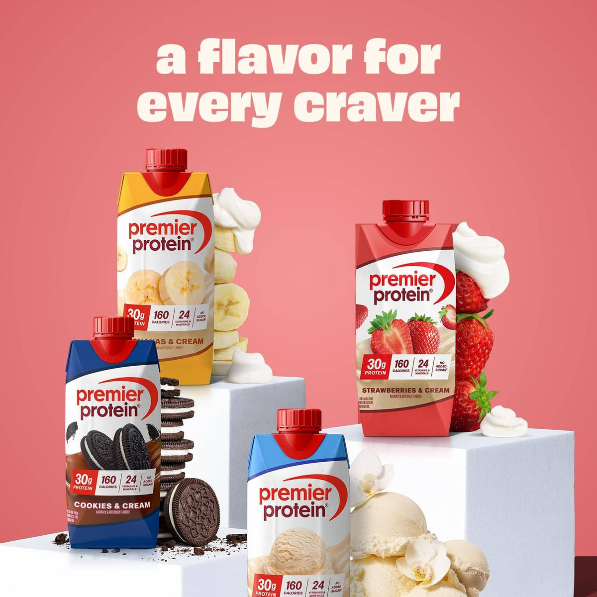 Premier Protein variety cartons including strawberries and cream, red and yellow packs