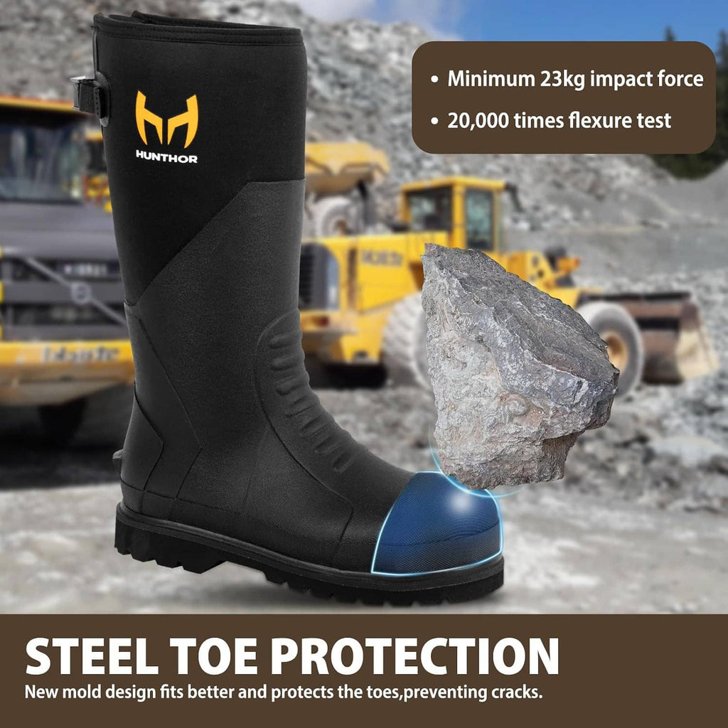 Black tall work boot with steel toe protection and blue-shaft toe area, HUNTHOR logo.