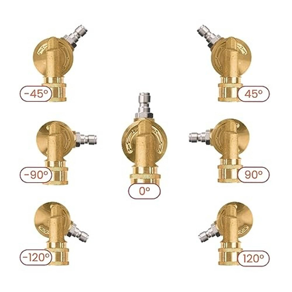 Brass pivoting coupler shown at multiple angles with safety lock valve