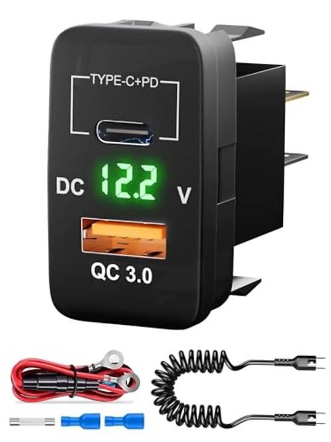 Dual USB car charger with Type-C PD and QC 3.0, green DC 12.2V display