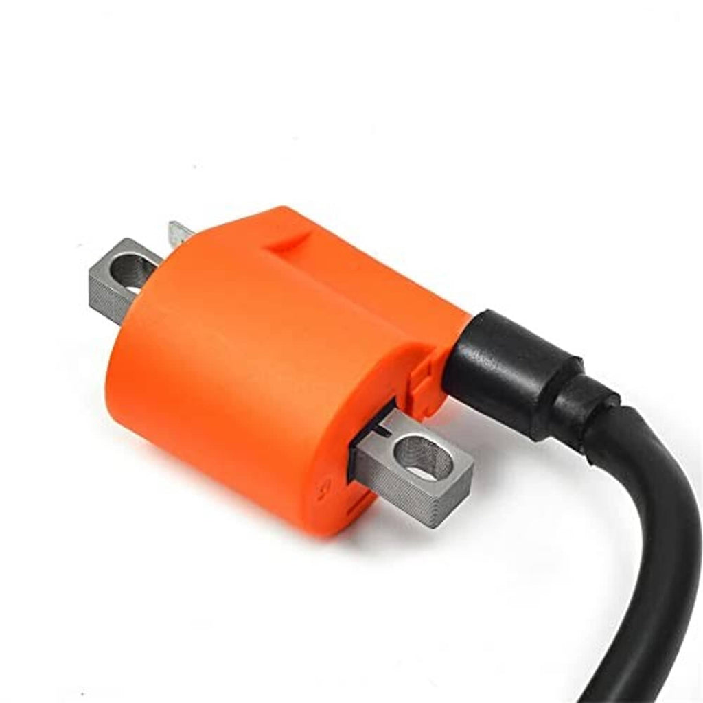 Orange ignition coil with black rubber boot and metal mounting bracket