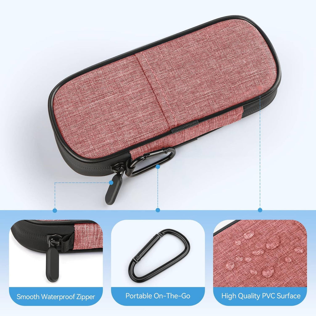 Pink travel insulin cooler case with black trim, smooth zipper, and handle loop