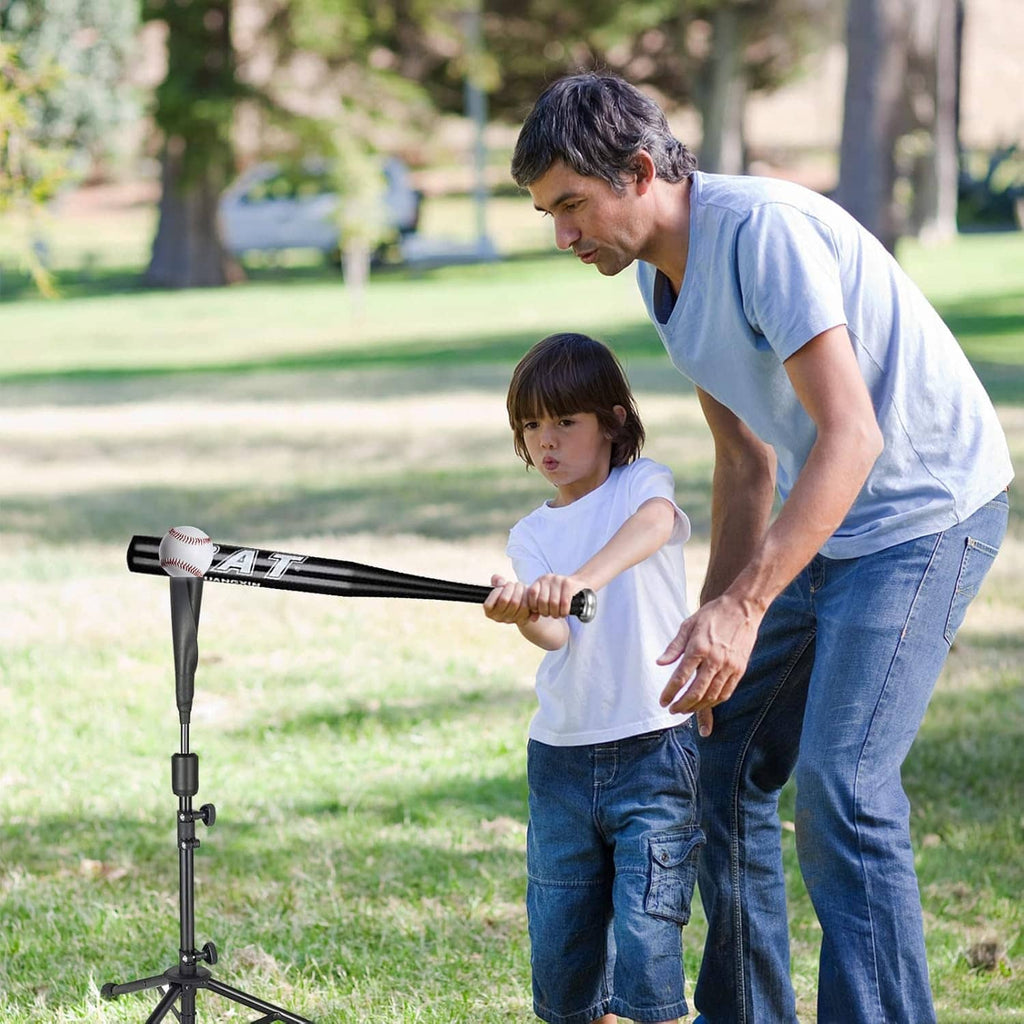 Adjustable baseball tee tripod stand with rubber tee top during outdoor practice.